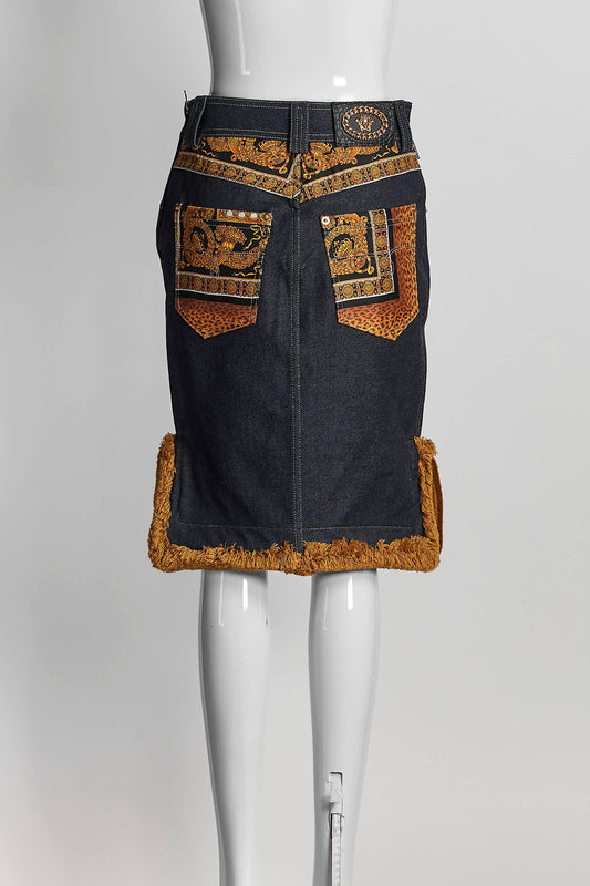 Versace Blue Denim Skirt w/Gold Boroque Patches Gold Brass Logo 38