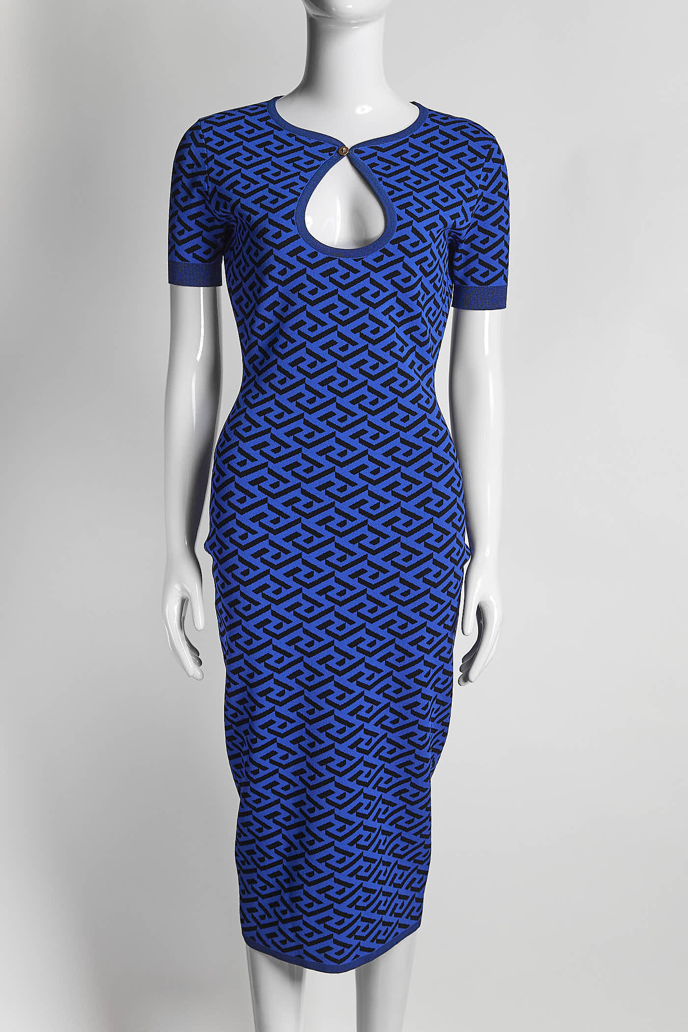 Versace Blue La Greca Knitted Midi Dress 40