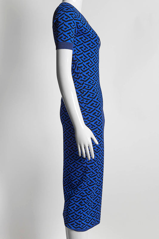 Versace Blue La Greca Knitted Midi Dress 40