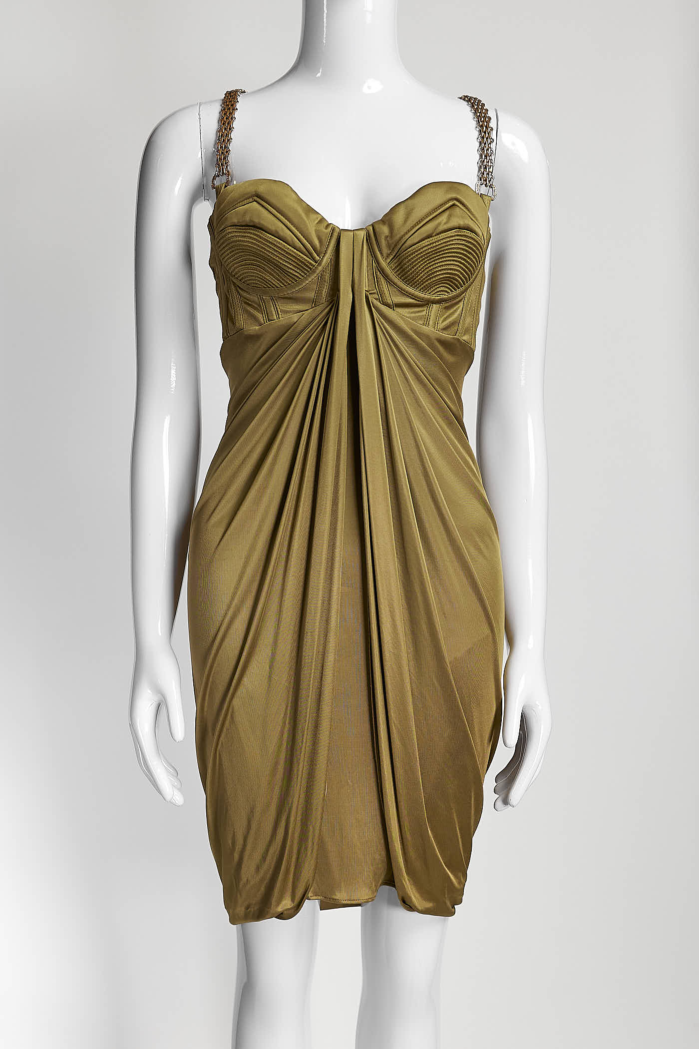 Versace Chain Embellished Olive Corset Cocktail Dress 40