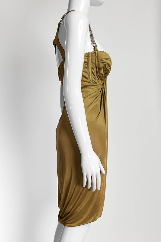 Versace Chain Embellished Olive Corset Cocktail Dress 40