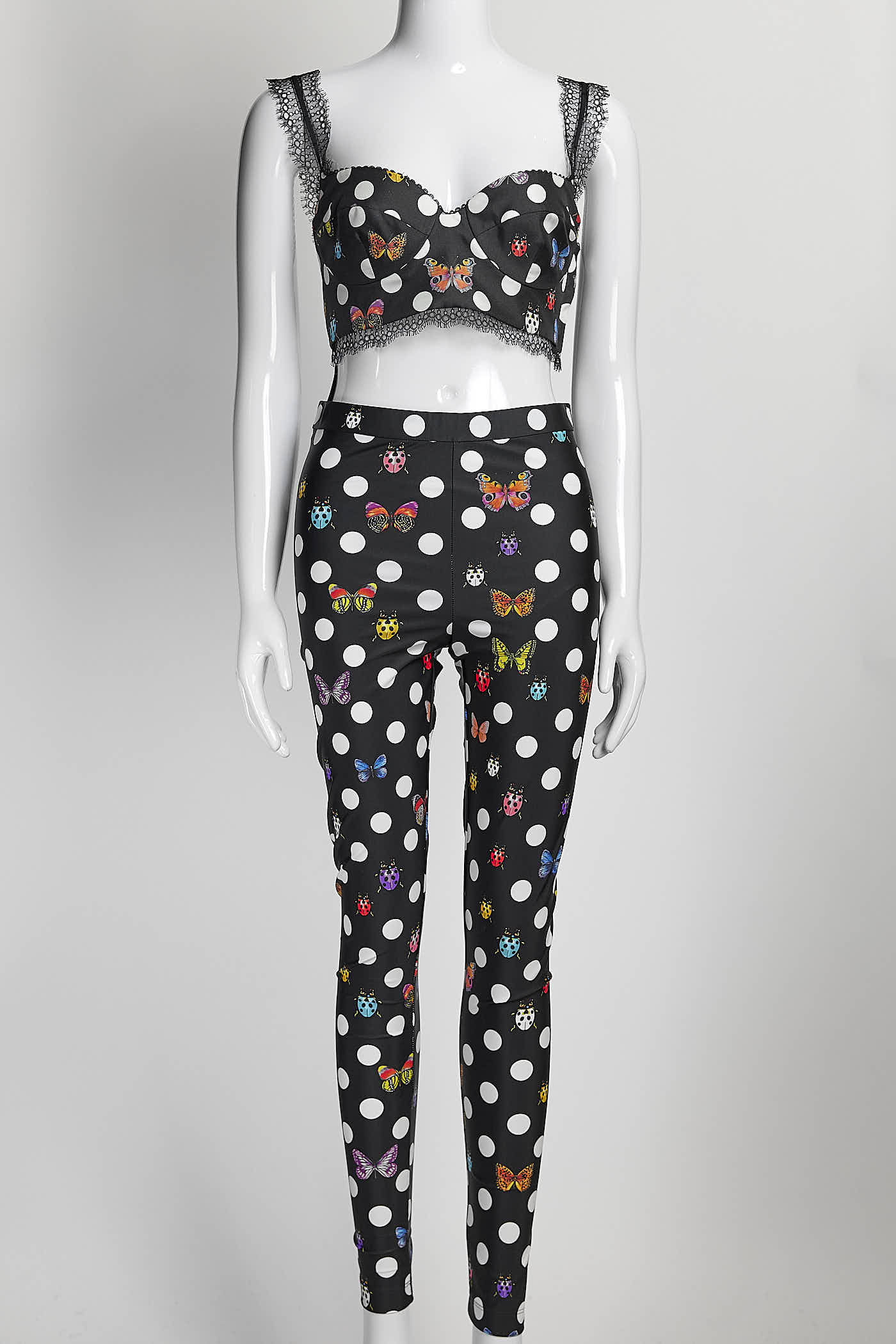 Versace Dua Lipa Black Polka Dot Print with Butterfly Bralett/Tights Set 38