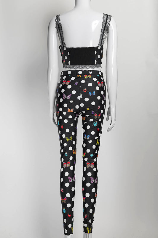 Versace Dua Lipa Black Polka Dot Print with Butterfly Bralett/Tights Set 38