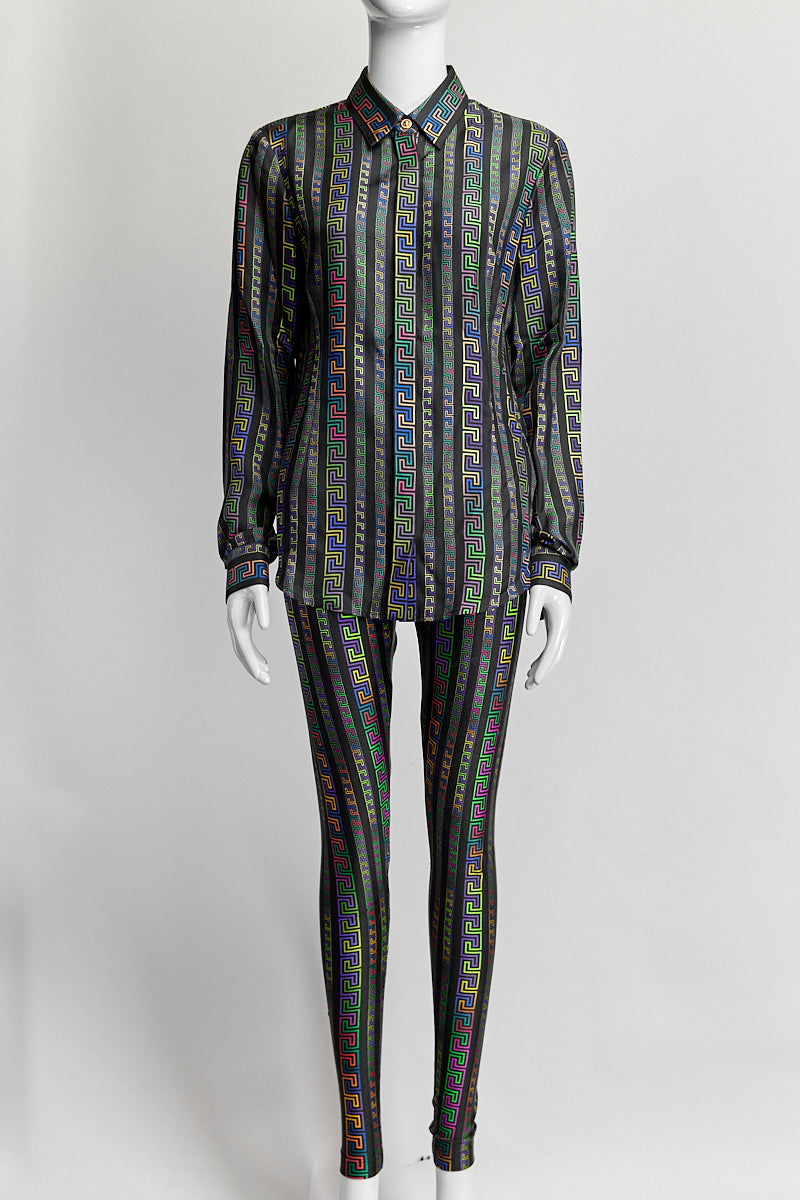 Versace Greca Neon-print Silk Shirt/Pants IT 42