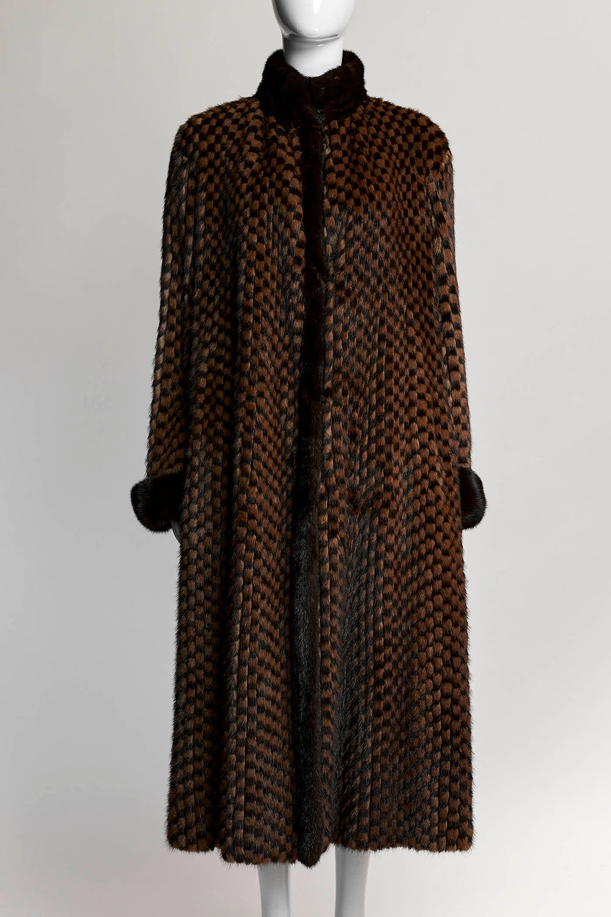 Vintage Brown Checkered Fur Coat S