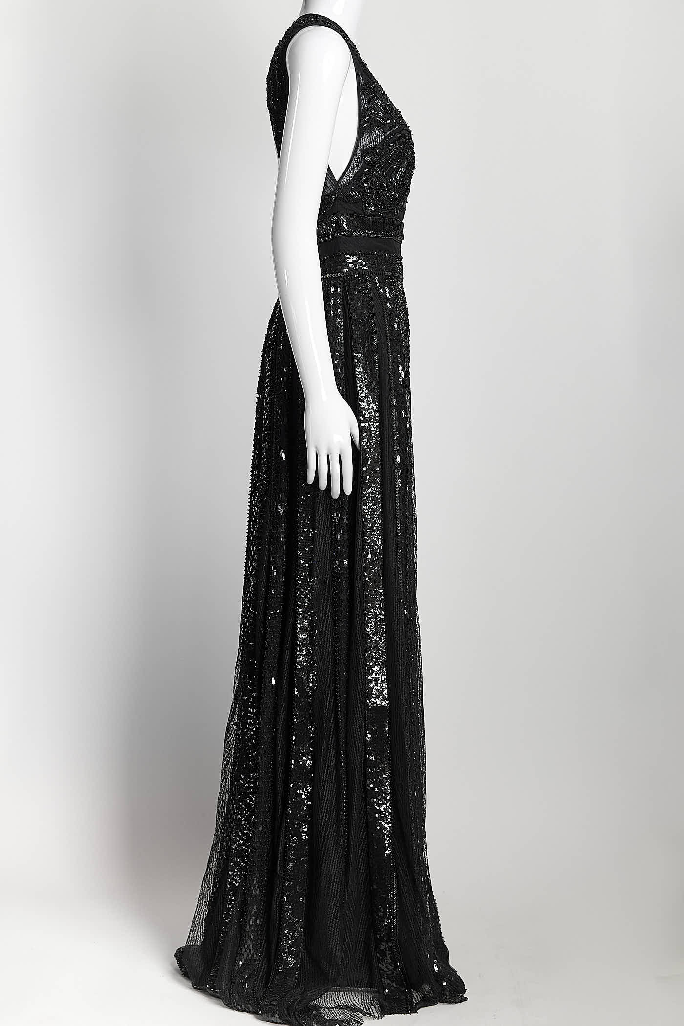 ZUHAIR MURAD Black Beaded Sequin Open Back Gown US 8