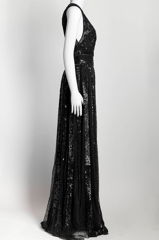 ZUHAIR MURAD Black Beaded Sequin Open Back Gown US 8