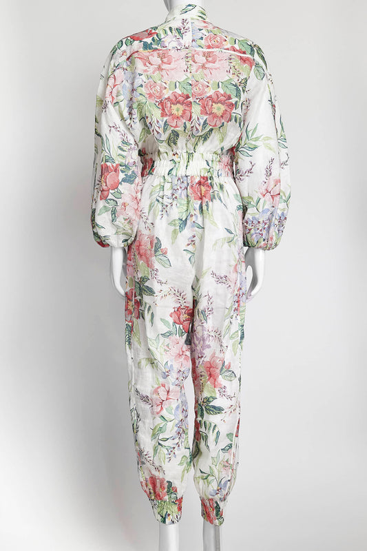 Zimmermann Floral Linen White Jumpsuit 0