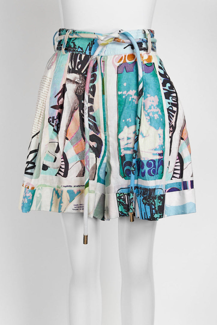 Zimmermann Glassy Belted Printed Linen Shorts In Blue AU1