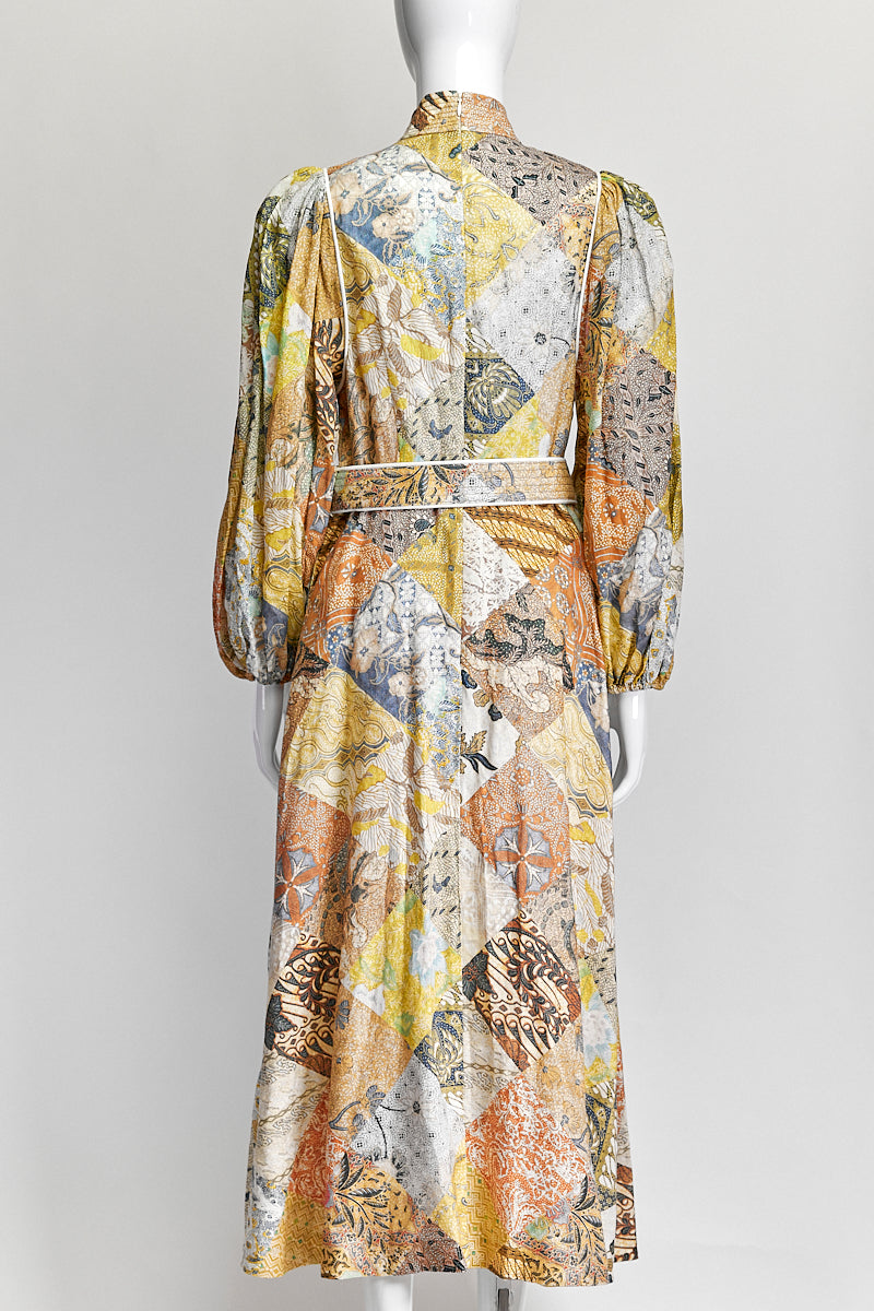 Zimmermann Linen Patchwork Ethnic print Belted Dress AU 2