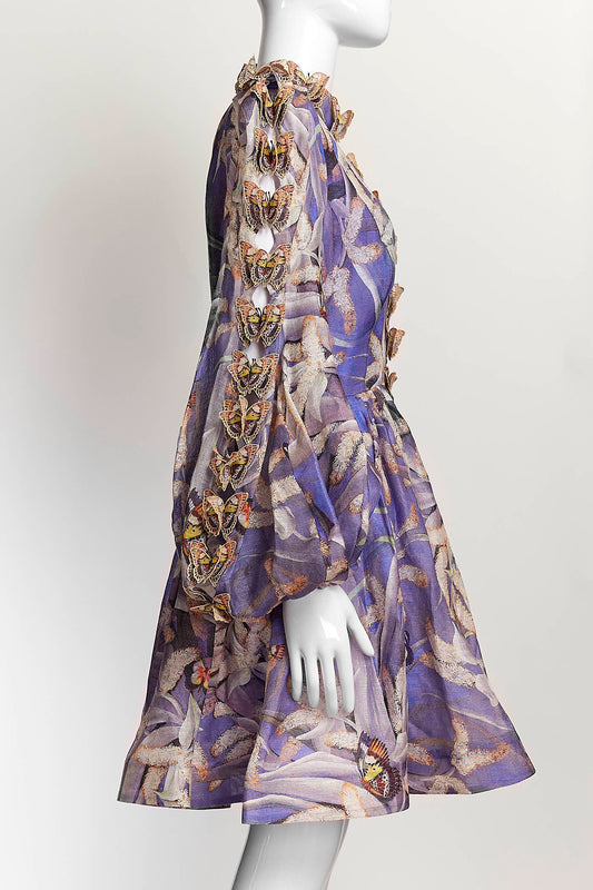 Zimmermann Purple Patterned Butterfly Detail Linen Silk Dress 1