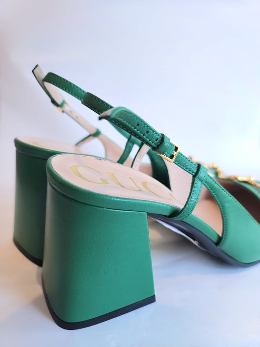 Gucci Horsebit Slingback Pumps Green Leather 38.5