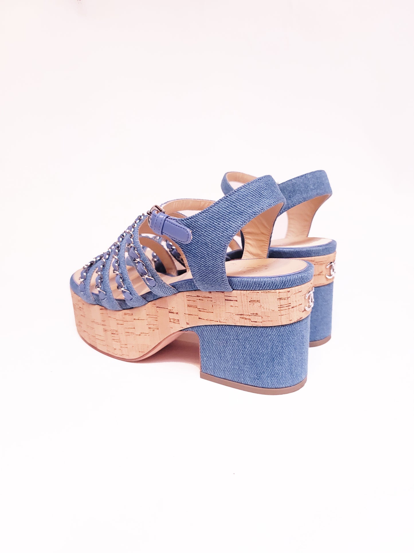 Chanel Denim Blue Chain Detail Ankle Strap Platform Sandals 38