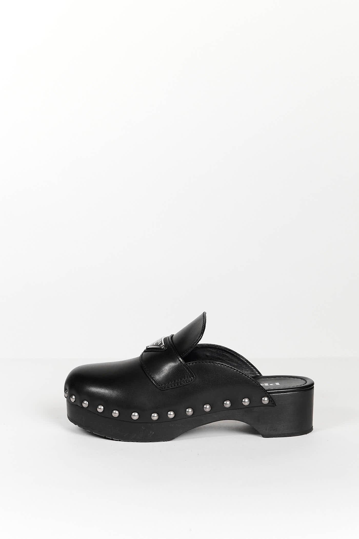 Prada Black Leather Studded Logo Platform Clog Mules 38