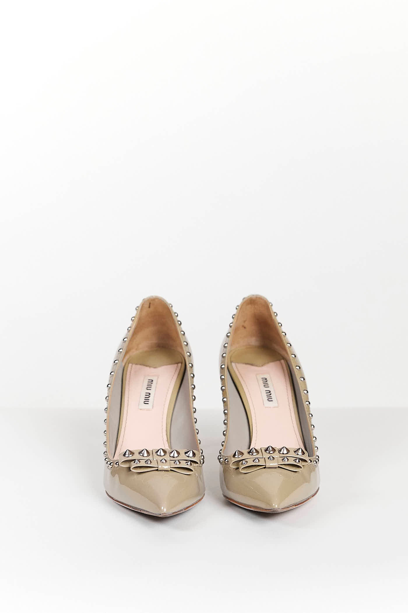 Mui Miu Leather Beige Bow Studded High Heel 40