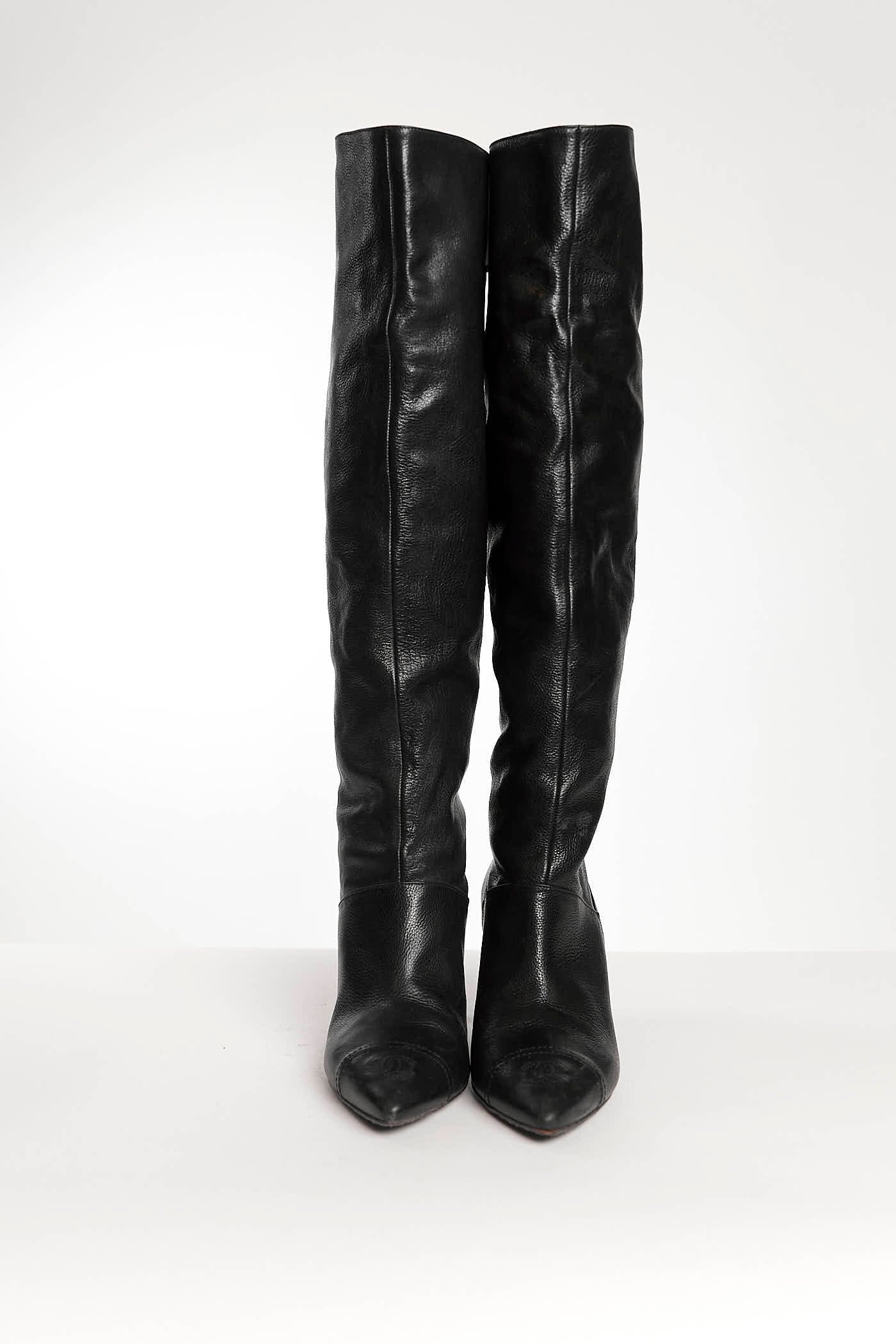 Chanel Black Leather High Boots with Kitten Heels 37.5