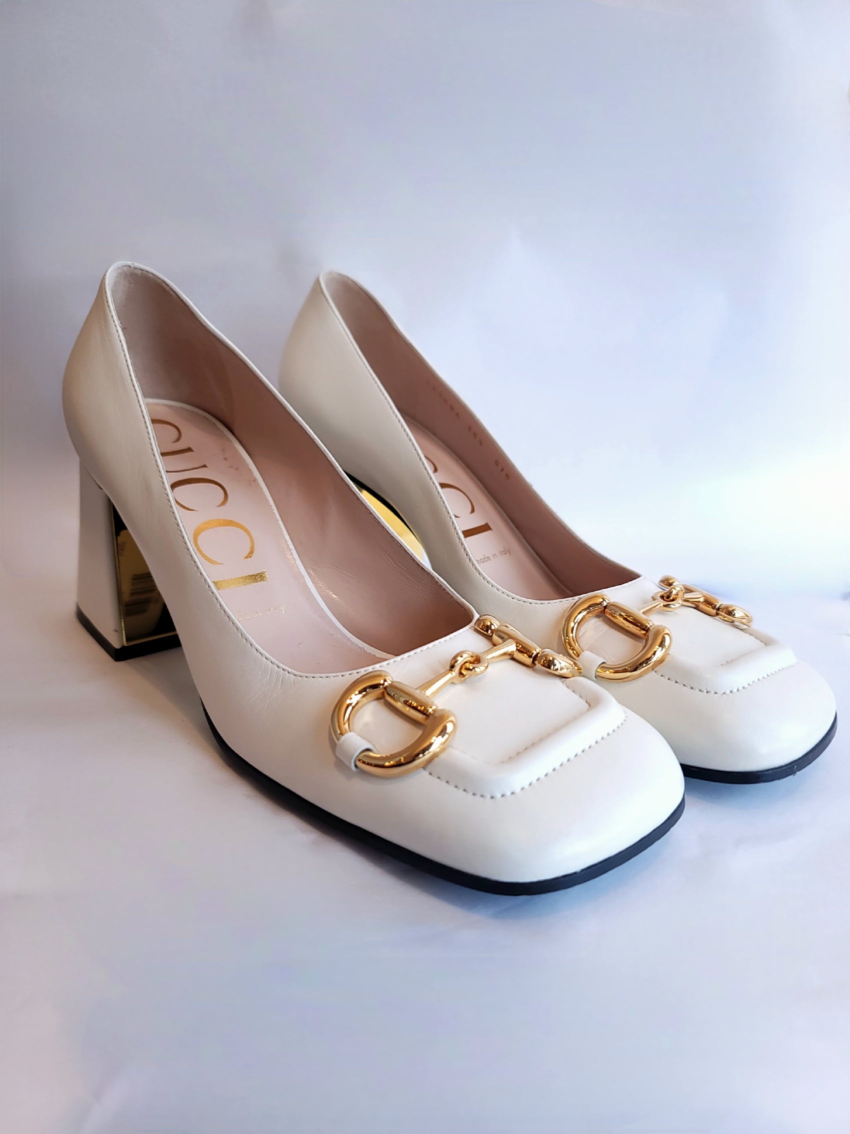 Gucci White Leather Horsebit Block Heels 38.5