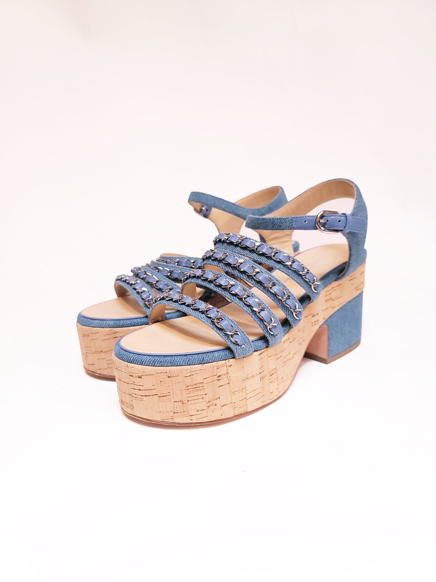 Chanel Denim Blue Chain Detail Ankle Strap Platform Sandals 38
