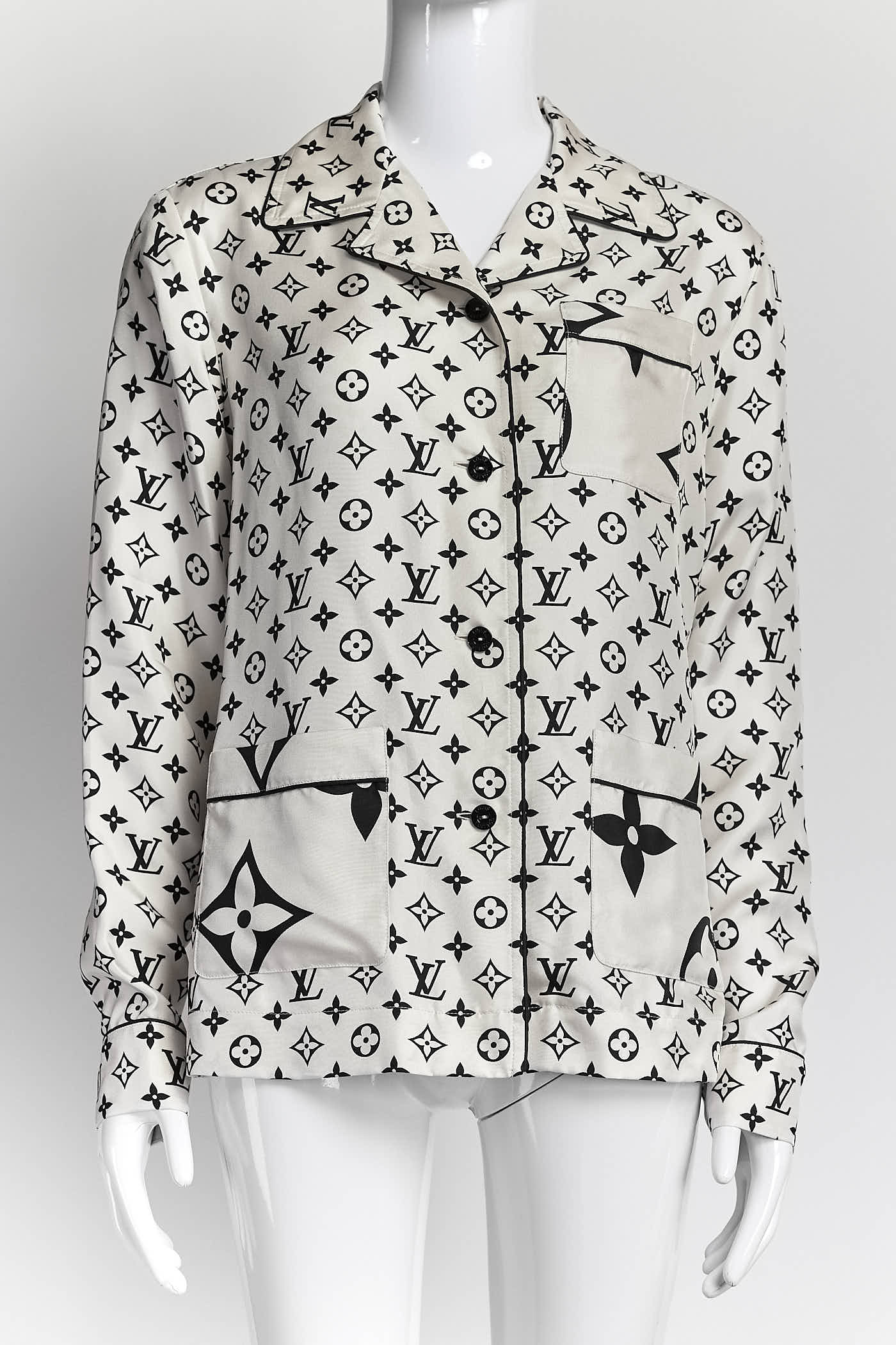 Louis Vuitton Navy Monogram Cream Silk Shirt 36