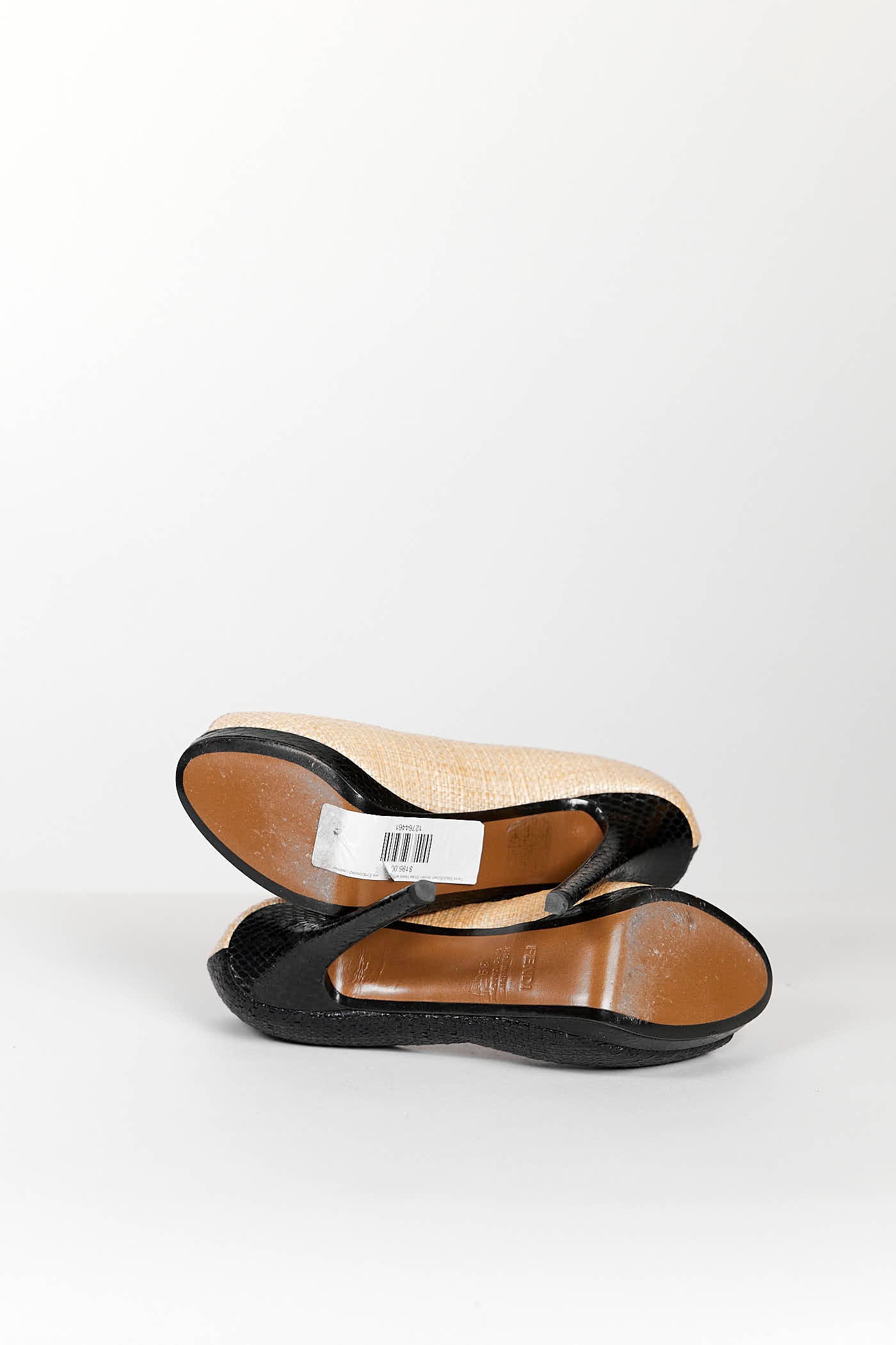 Fendi Black/Brown Woven Straw Heels with Red Snake Embossed Leather 39