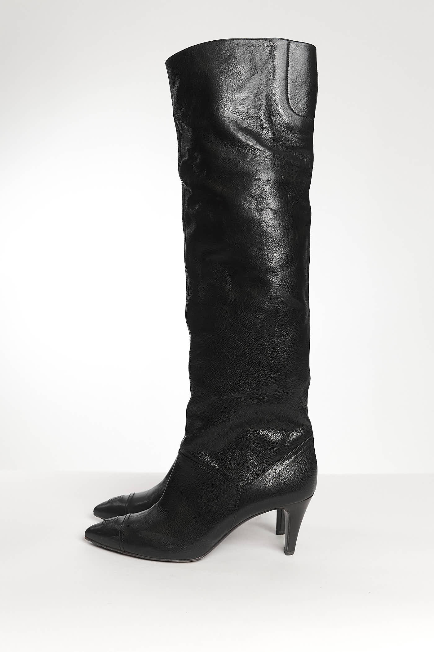 Chanel Black Leather High Boots with Kitten Heels 37.5