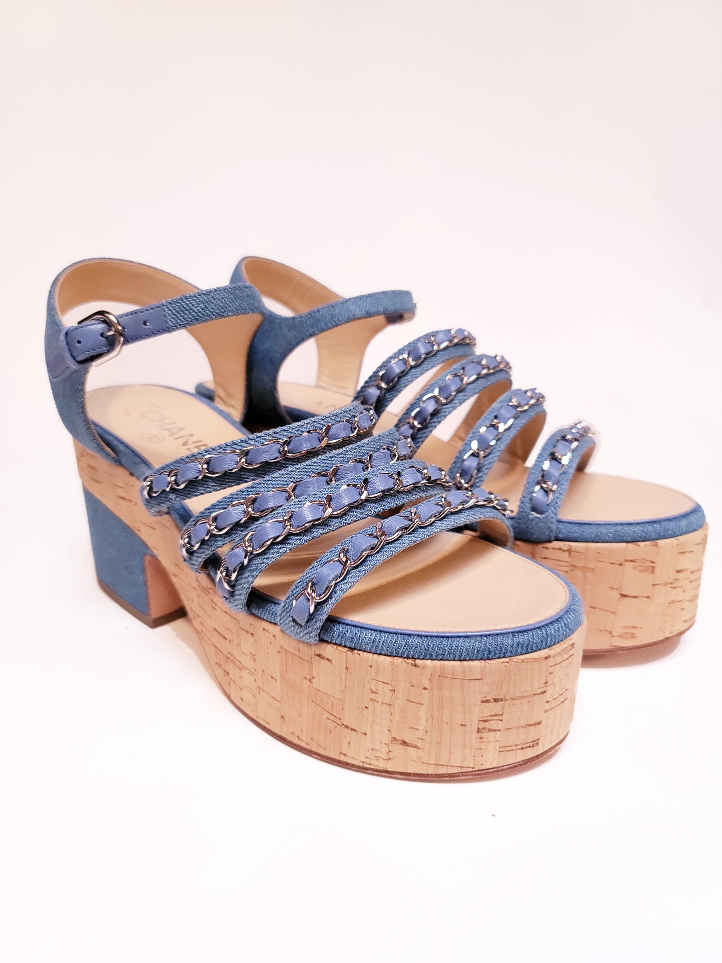 Chanel Denim Blue Chain Detail Ankle Strap Platform Sandals 38