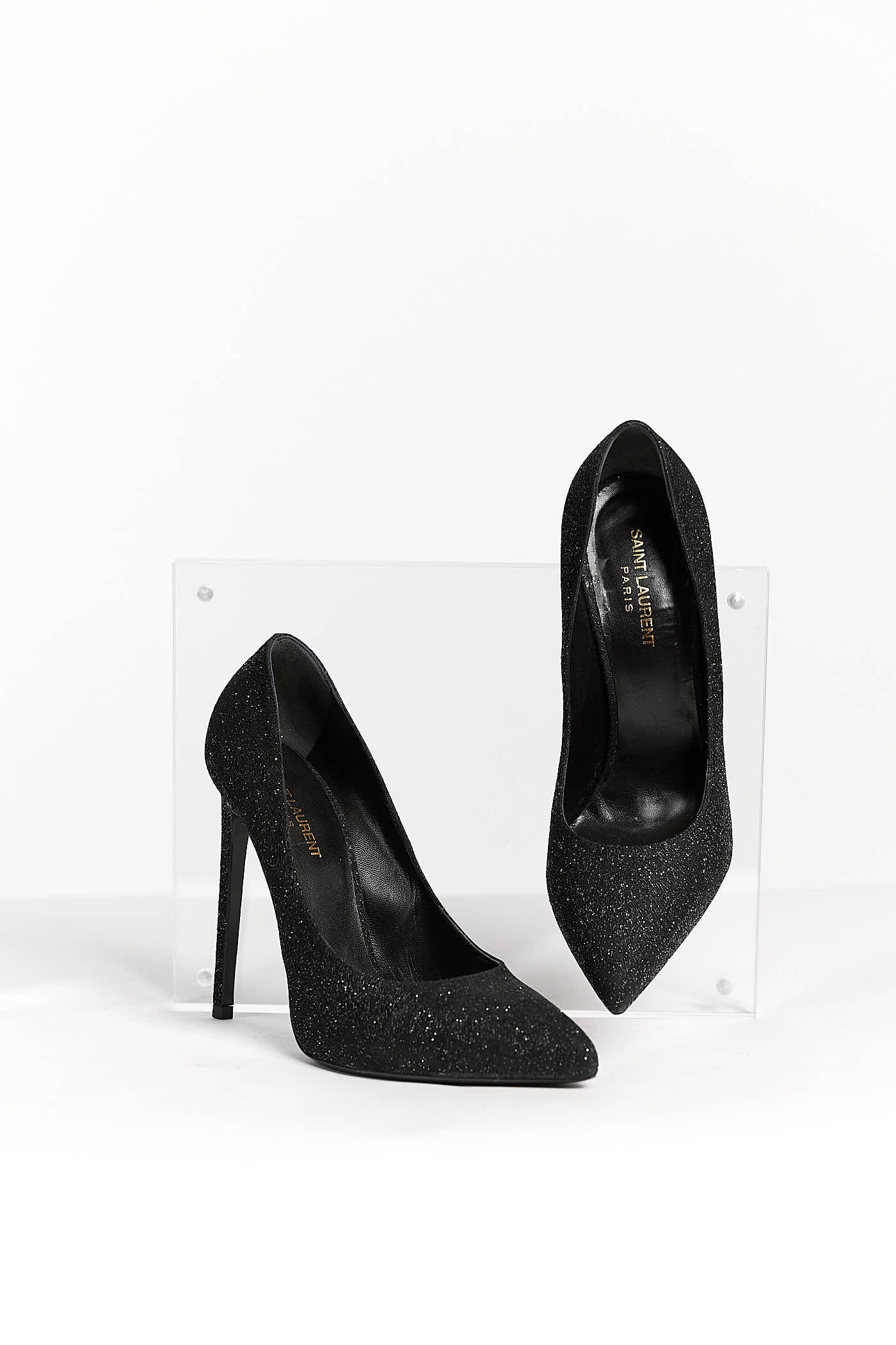 Saint Laurent Black Glitter Pointed Toe Pumps 40.5