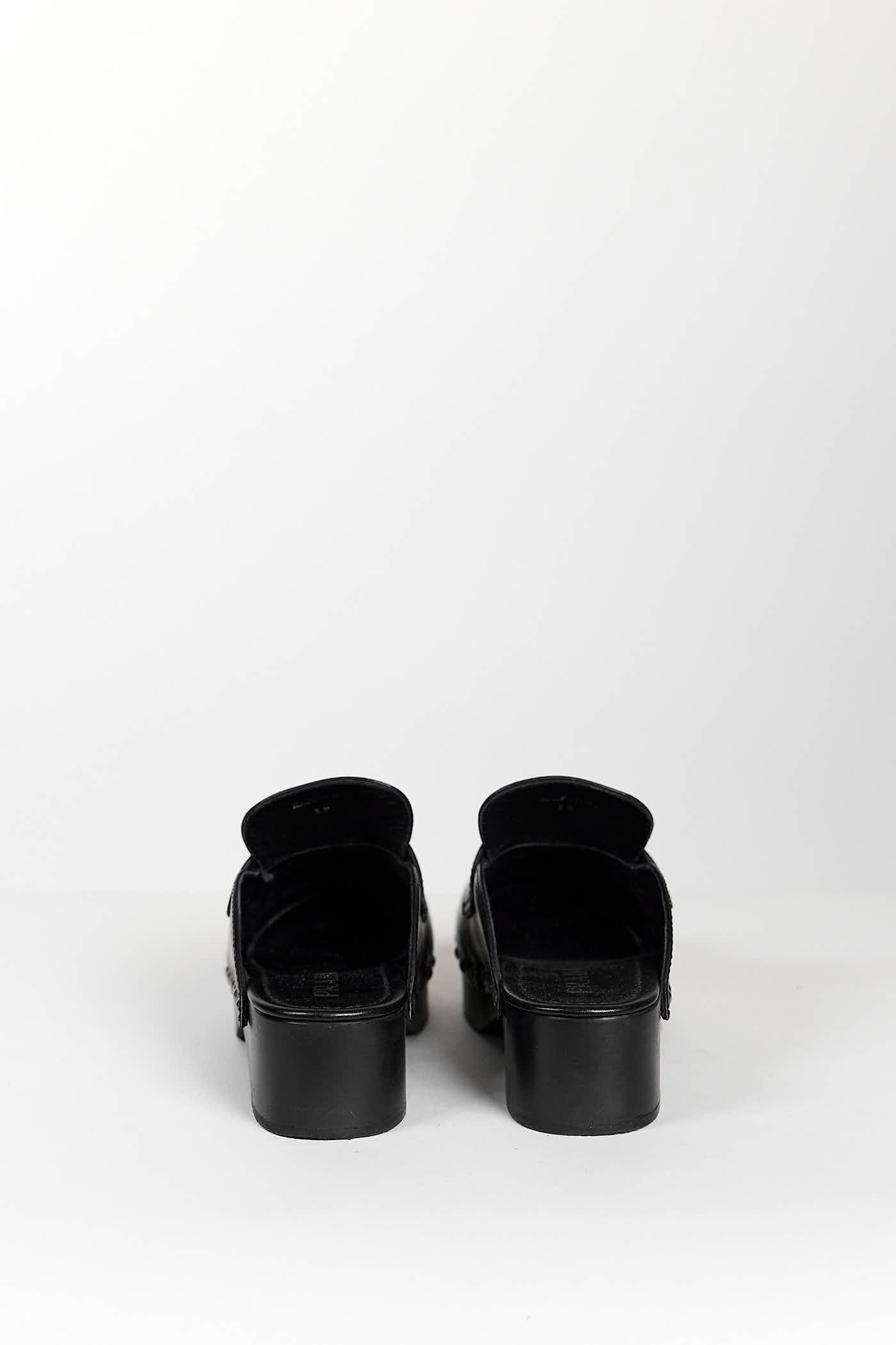 Prada Black Leather Studded Logo Platform Clog Mules 38
