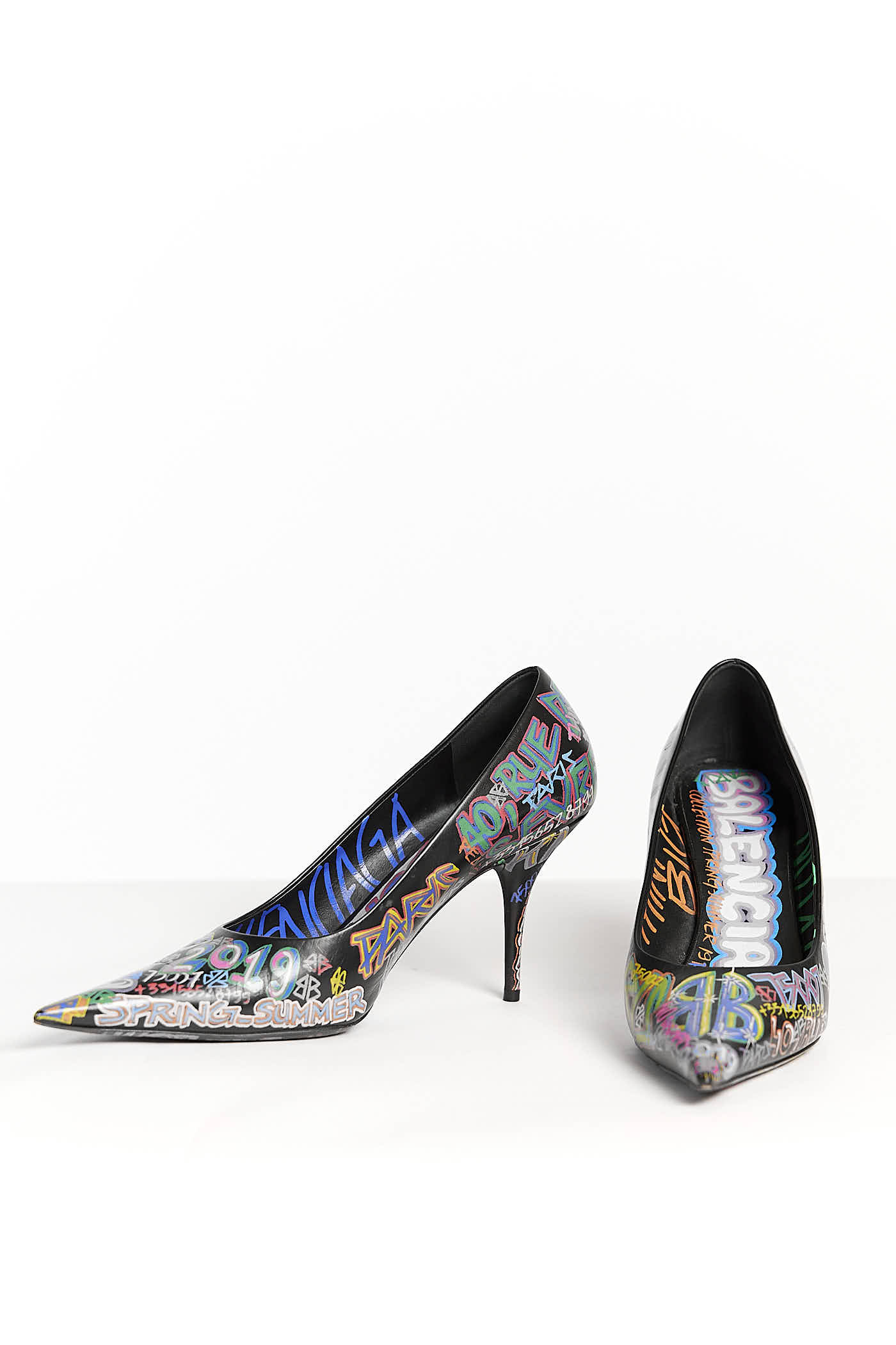Balenciaga Graffiti Knife Pumps Black Leather Multi Heels 41