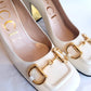 Gucci White Leather Horsebit Block Heels 38.5
