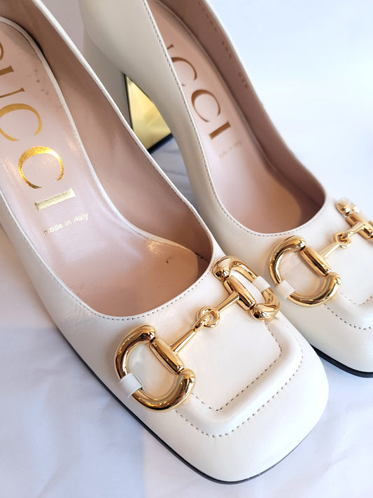 Gucci White Leather Horsebit Block Heels 38.5