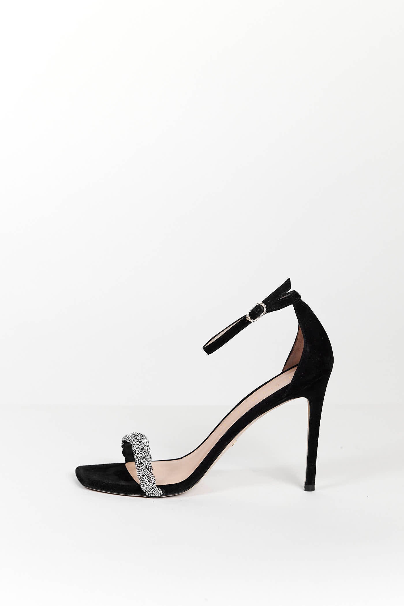 Stuart Weitzman Silver Crystal Braided with Black Suede Ankle Strap10
