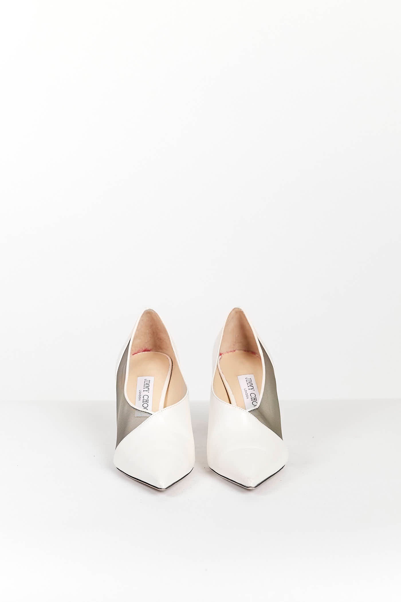 Jimmy Choo White Leather Heels with Mesh and Acrylic Detail 38