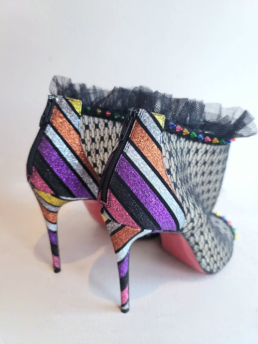 Christian Louboutin Black Lace Open Toe Booties w/Rainbow Studs Heels 37.5