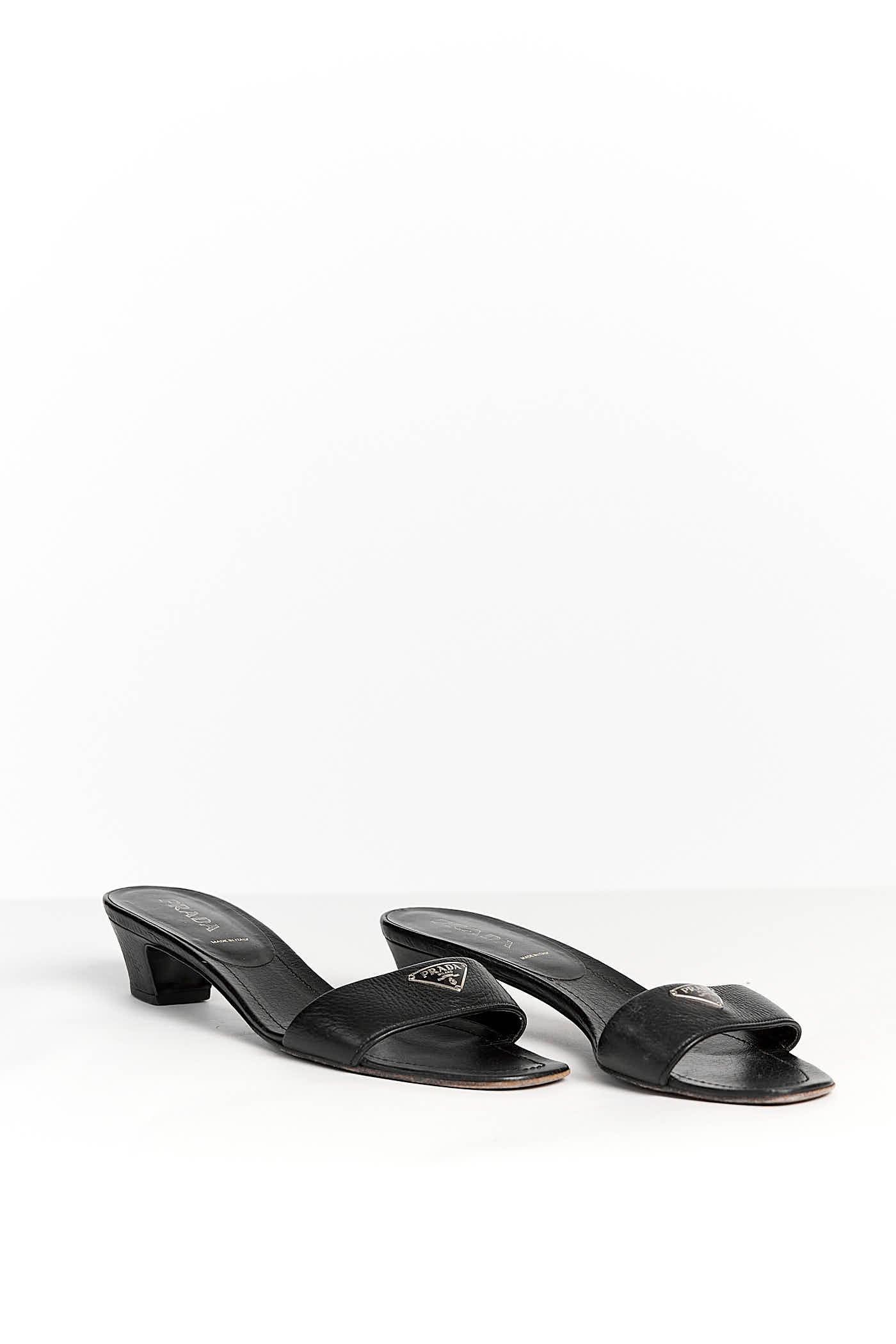 Prada Black Leather Logo Mules 38