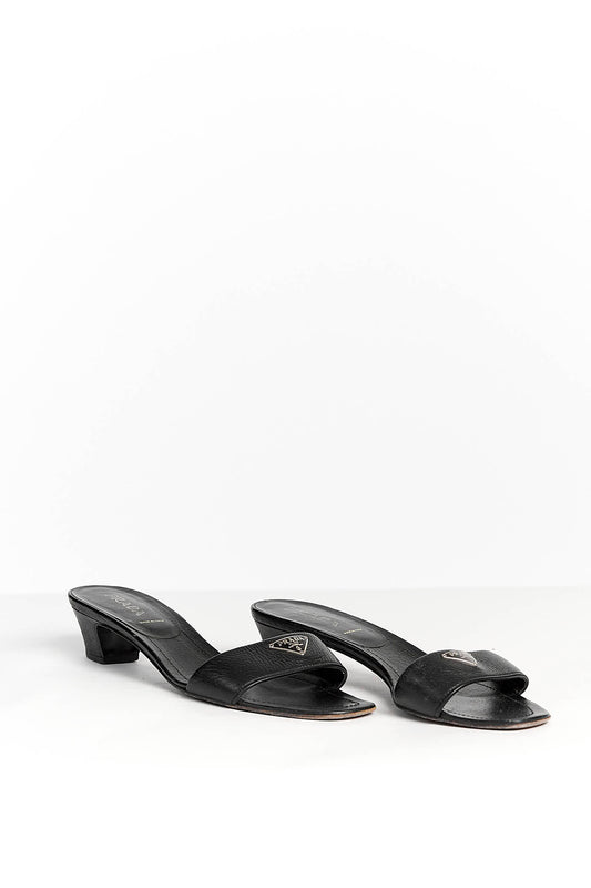 Prada Black Leather Logo Mules 38