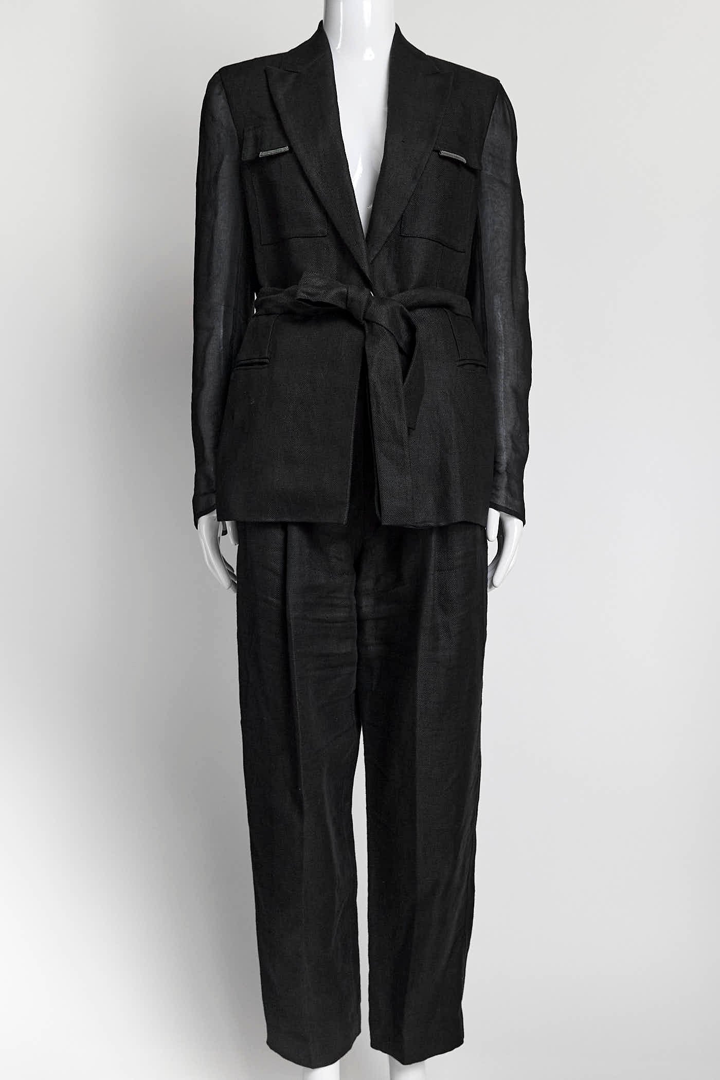 Brunello Cucinelli Black Linen Jacket with Sheer Sleeves Suit 42