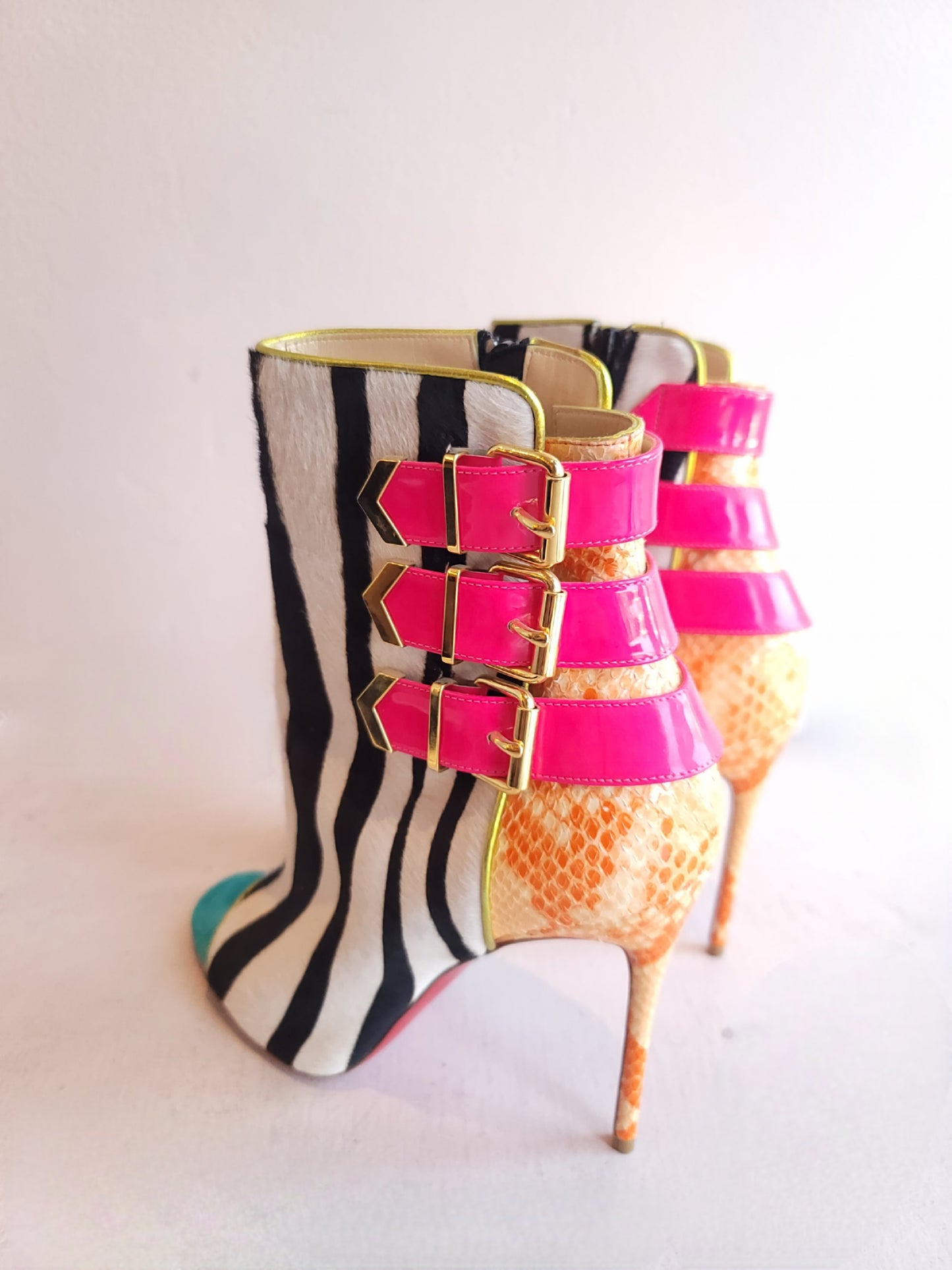 Christian Louboutin Multicolor Zebra /Snakeskin Open Toe Boots 38.5
