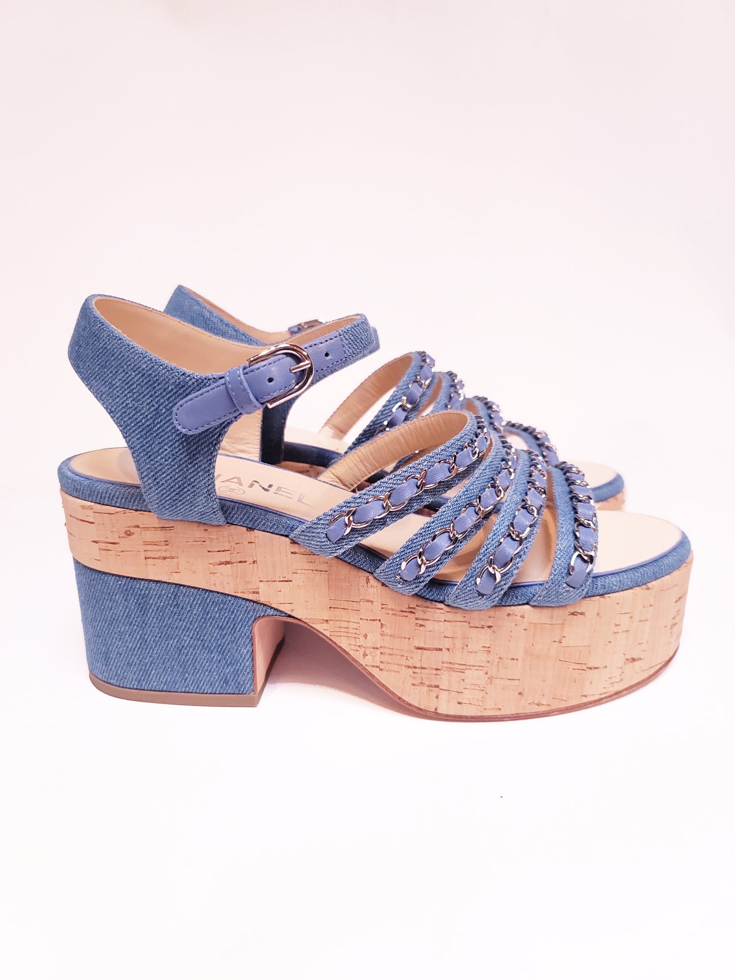 Chanel Denim Blue Chain Detail Ankle Strap Platform Sandals 38