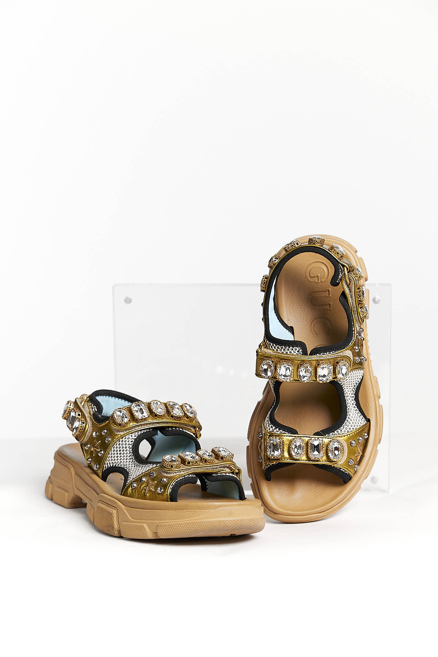 Gucci Aguru Gold Studs Crystals Sandals 40