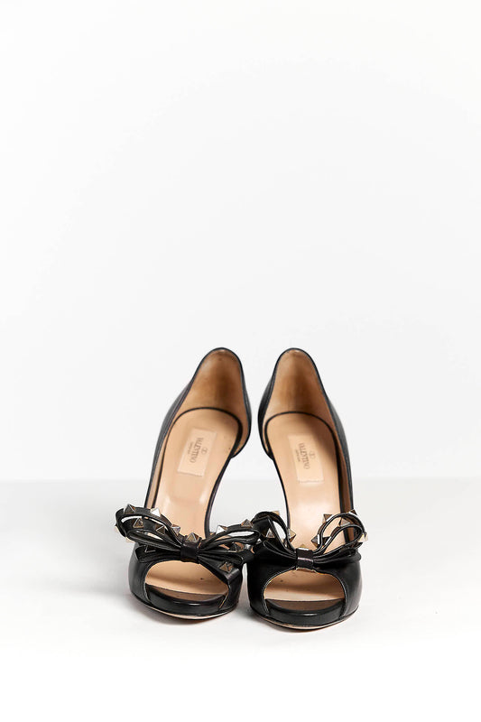 Valentino Black Leather Rockstud Bow Peep Toe Pumps 39