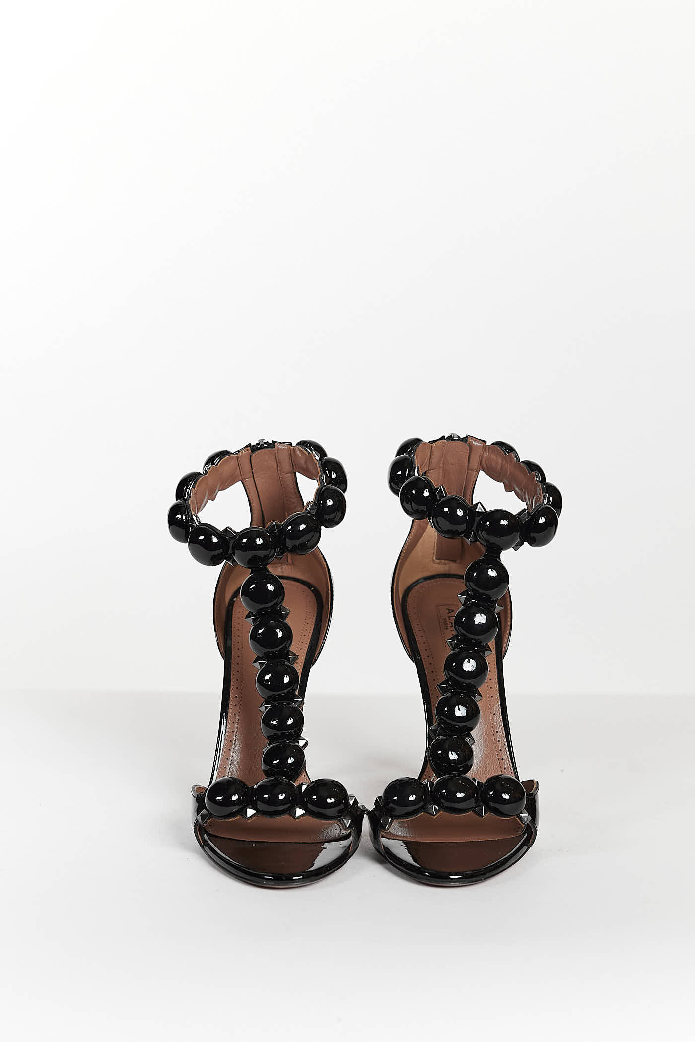 Alaia Black Patent Leather Studded T- Striped Heel 38.5