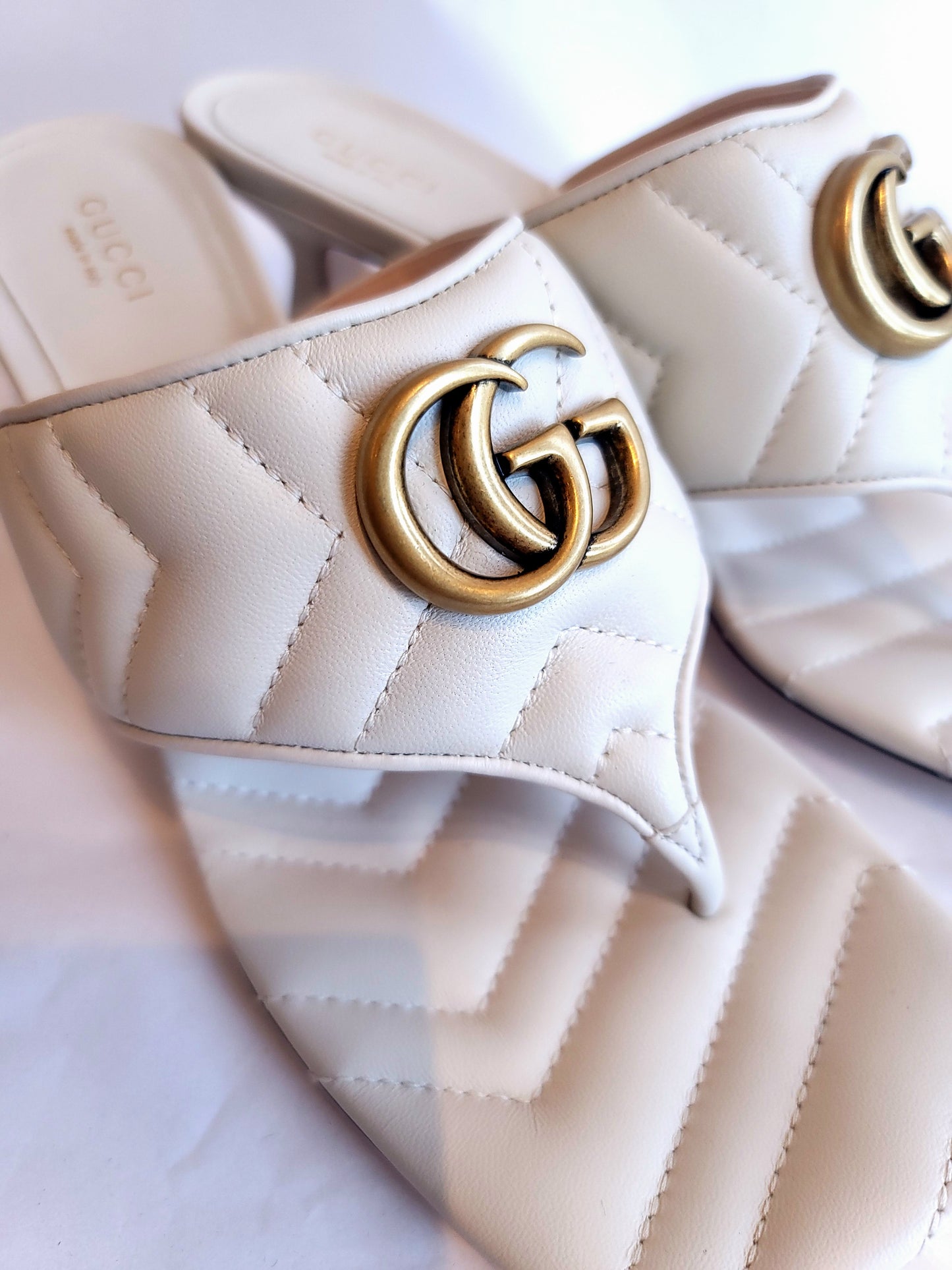 Gucci GG Marmont White Leather Sandal Heel 38.5