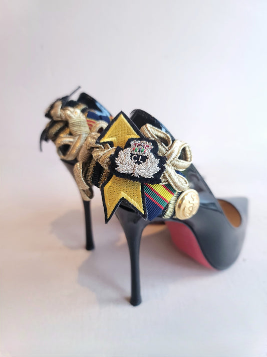Christian Louboutin Black Patent Heels w/Military Badges and Patches 37