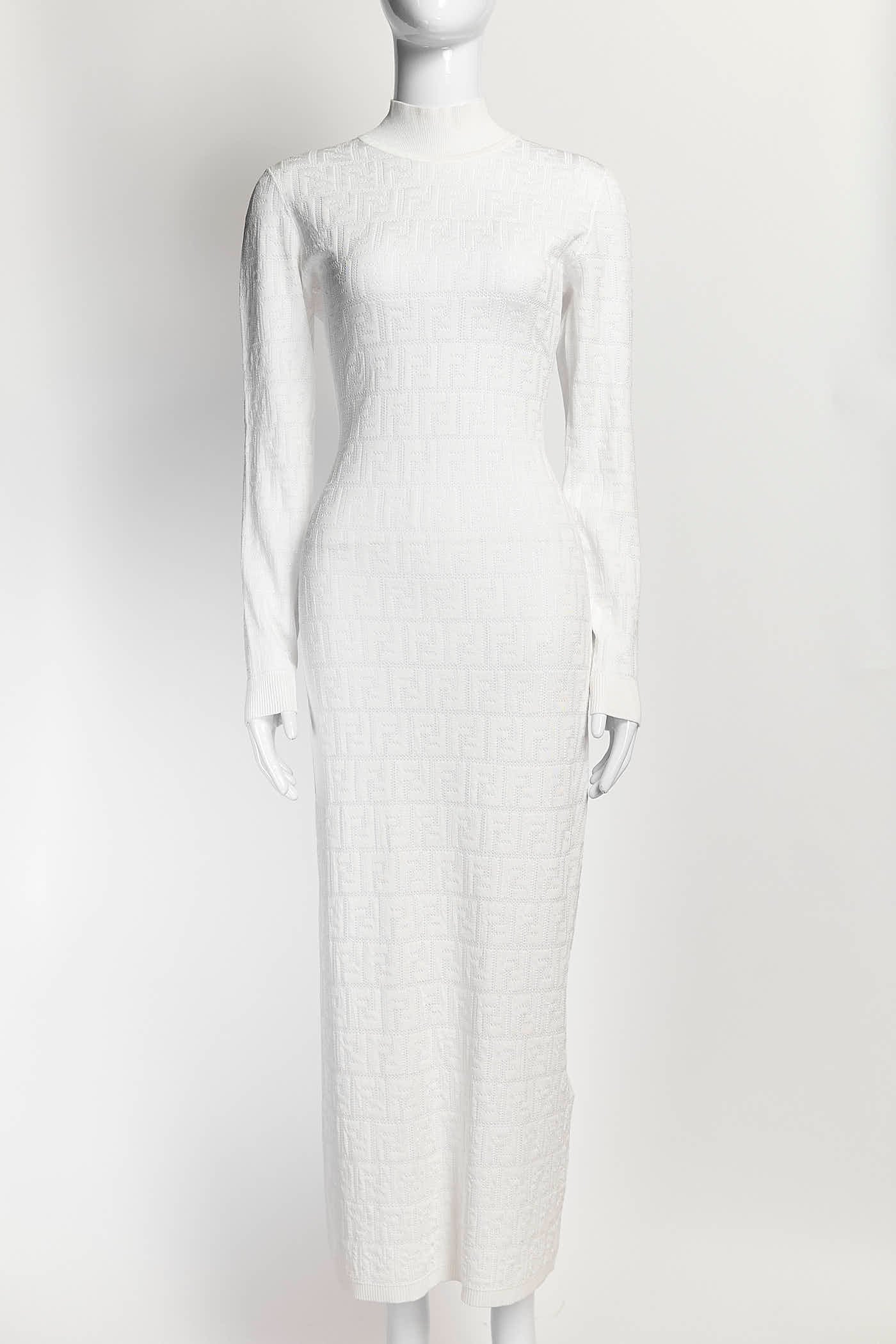 Fendi White FF Zucca Knit Midi Dress 44