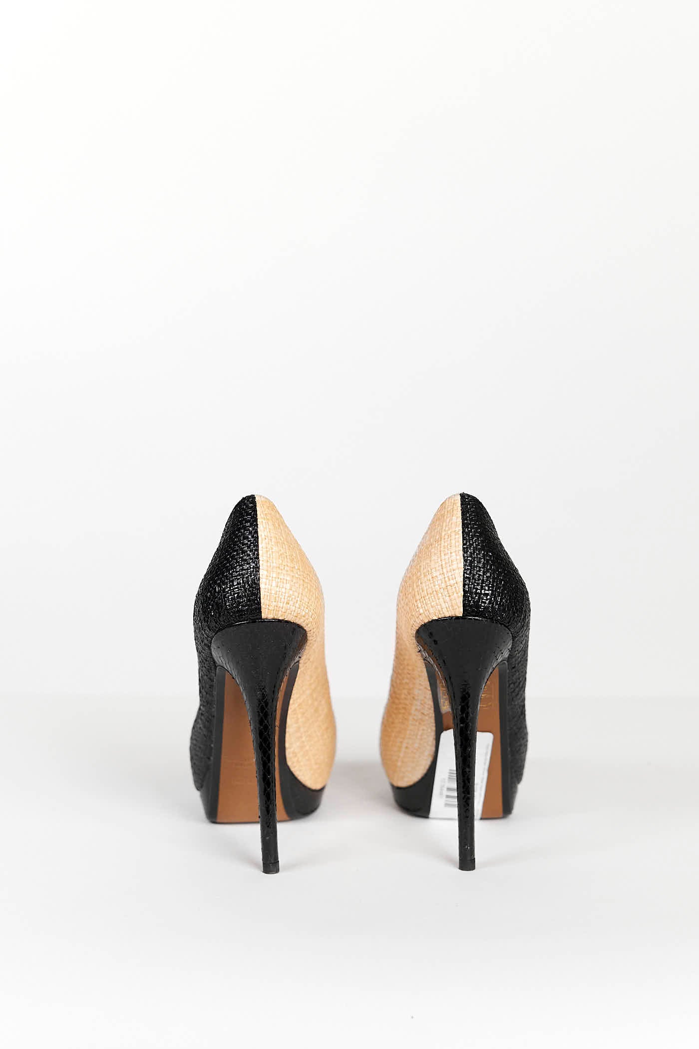 Fendi Black/Brown Woven Straw Heels with Red Snake Embossed Leather 39