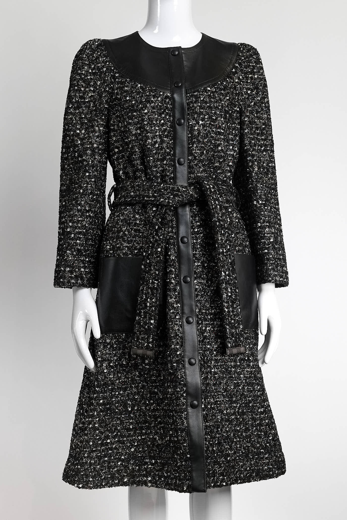 Louis Vuitton Multicolor Tweed with Black Leather Detail Coat 38