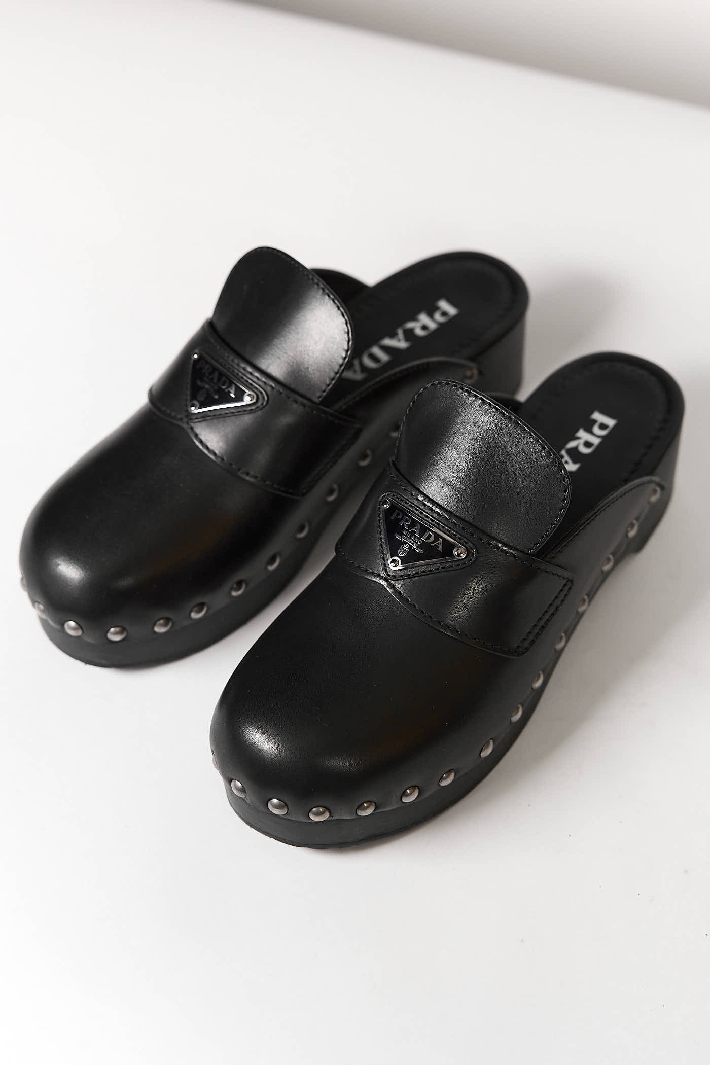 Prada Black Leather Studded Logo Platform Clog Mules 38