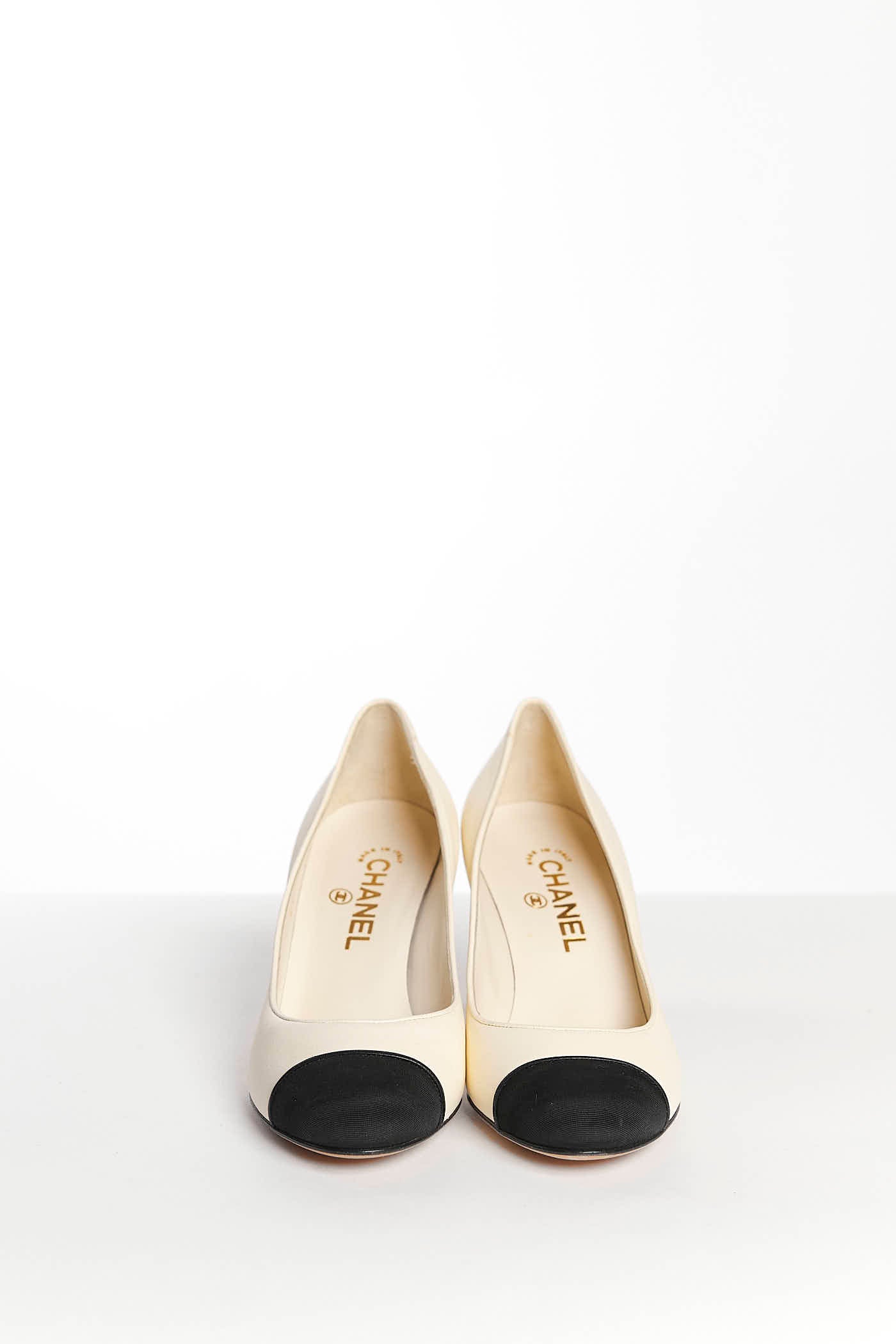 Chanel Cream and Black Cap Toe Heel 37.5