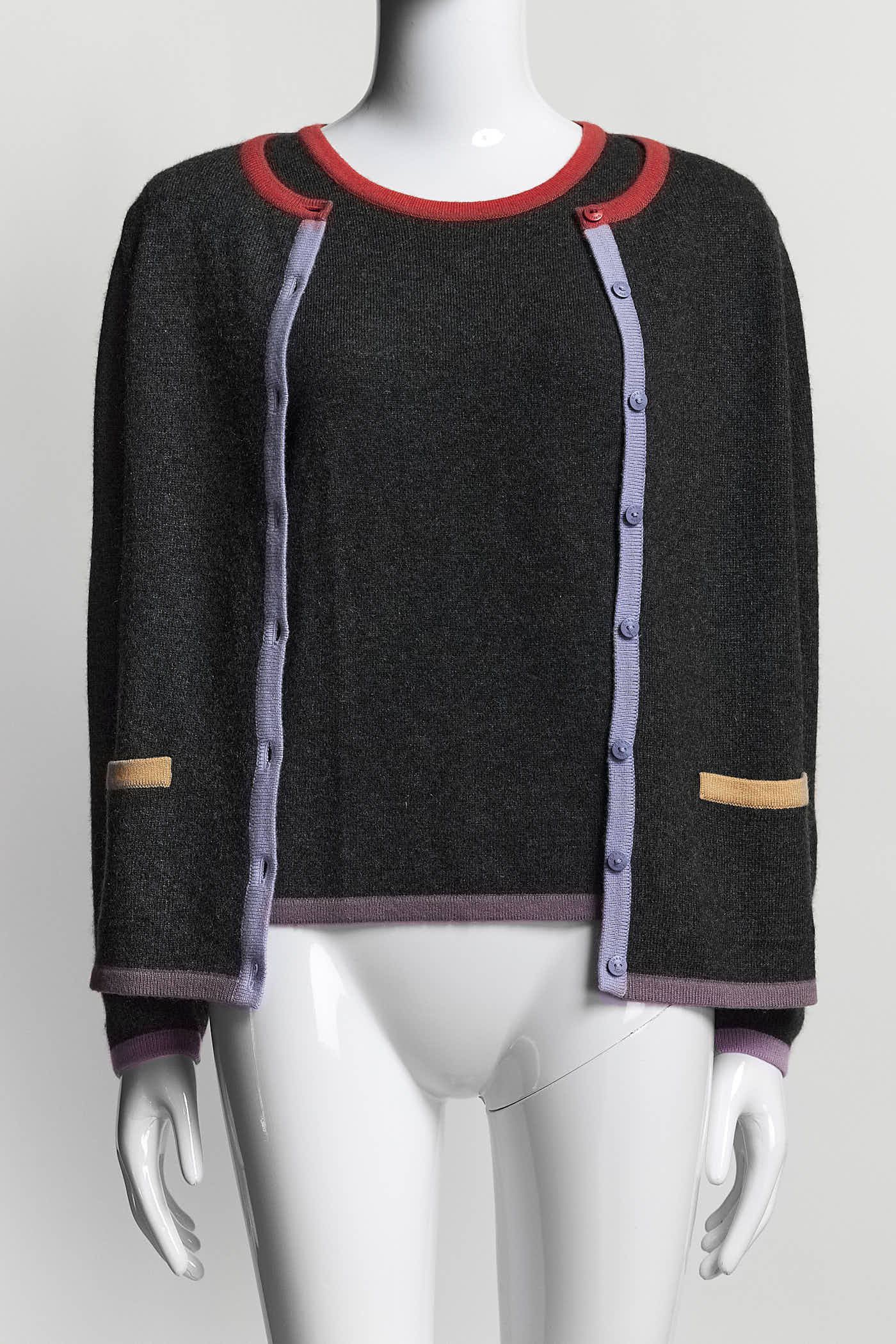 Chanel Grey Cardigan with Orange/Lavender Piping Detail